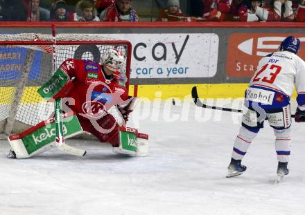 EBEL. Eishockey Bundesliga. EC KAC gegen HC TIWAG Innsbruck.  Sebastian Dahm,  (KAC), Kevin Roy   (Innsbruck).  Klagenfurt, am 26.1.2024.
Foto: Kuess
www.qspictures.net
---
pressefotos, pressefotografie, kuess, qs, qspictures, sport, bild, bilder, bilddatenbank