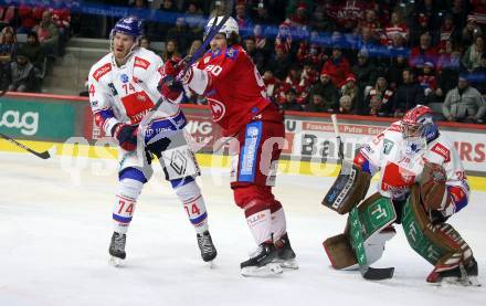 EBEL. Eishockey Bundesliga. EC KAC gegen HC TIWAG Innsbruck.  Matthew Fraser,  (KAC), Nathanael Halbert, Evan Buitenhuis (Innsbruck).  Klagenfurt, am 26.1.2024.
Foto: Kuess
www.qspictures.net
---
pressefotos, pressefotografie, kuess, qs, qspictures, sport, bild, bilder, bilddatenbank