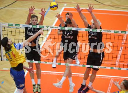 Volleyball. Powerfusion Volley League Men. SK Zadruga Aich/Dob gegen VBK Woerther-See-Loewen Klagenfurt.   Kristof Horvath, (Aich/Dob),    Eric Stadie, Jonas Emanuel Holzinger, Moritz Nedetzky  (Worthersee Loewen). Bleiburg, am 27.1.2024.
Foto: Kuess
www.qspictures.net
---
pressefotos, pressefotografie, kuess, qs, qspictures, sport, bild, bilder, bilddatenbank