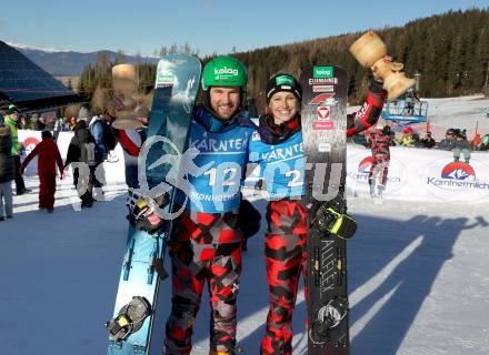 Snowboard Weltcup.  Jubel Fabian Obmann, Sabine Schoeffmann  (AUT). Simonhoehe, am 27.1.2024.
Foto: Kuess
www.qspictures.net
---
pressefotos, pressefotografie, kuess, qs, qspictures, sport, bild, bilder, bilddatenbank