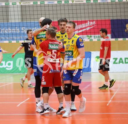 Volleyball. Powerfusion Volley League Men. SK Zadruga Aich/Dob gegen VBK Woerther-See-Loewen Klagenfurt.  Jubel  (Aich/Dob).  Bleiburg, am 27.1.2024.
Foto: Kuess
www.qspictures.net
---
pressefotos, pressefotografie, kuess, qs, qspictures, sport, bild, bilder, bilddatenbank