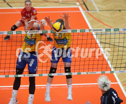 Volleyball. Powerfusion Volley League Men. SK Zadruga Aich/Dob gegen VBK Woerther-See-Loewen Klagenfurt.  Alpar Szabo, Aleksander Grzegorczyk  (Aich/Dob).  Bleiburg, am 27.1.2024.
Foto: Kuess
www.qspictures.net
---
pressefotos, pressefotografie, kuess, qs, qspictures, sport, bild, bilder, bilddatenbank