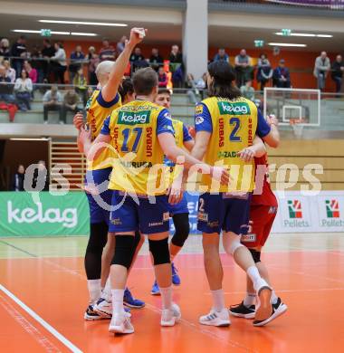 Volleyball. Powerfusion Volley League Men. SK Zadruga Aich/Dob gegen VBK Woerther-See-Loewen Klagenfurt.  Jubel  (Aich/Dob).  Bleiburg, am 27.1.2024.
Foto: Kuess
www.qspictures.net
---
pressefotos, pressefotografie, kuess, qs, qspictures, sport, bild, bilder, bilddatenbank