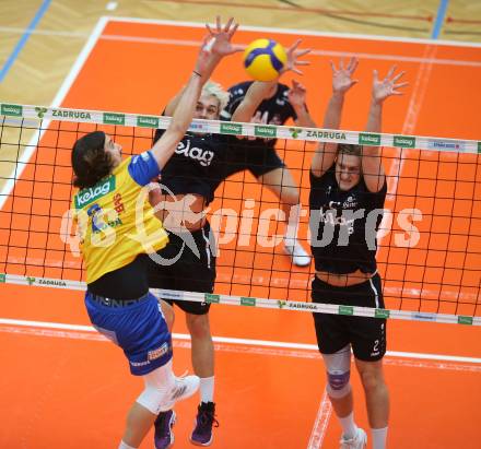 Volleyball. Powerfusion Volley League Men. SK Zadruga Aich/Dob gegen VBK Woerther-See-Loewen Klagenfurt.  Kristof Horvath,   (Aich/Dob),   Moritz Nedetzky, David Marius Petschnig (Worthersee Loewen). Bleiburg, am 27.1.2024.
Foto: Kuess
www.qspictures.net
---
pressefotos, pressefotografie, kuess, qs, qspictures, sport, bild, bilder, bilddatenbank