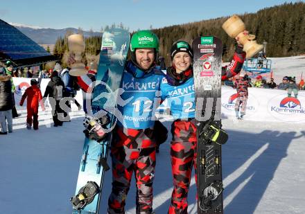 Snowboard Weltcup.  Jubel Fabian Obmann, Sabine Schoeffmann  (AUT). Simonhoehe, am 27.1.2024.
Foto: Kuess
www.qspictures.net
---
pressefotos, pressefotografie, kuess, qs, qspictures, sport, bild, bilder, bilddatenbank