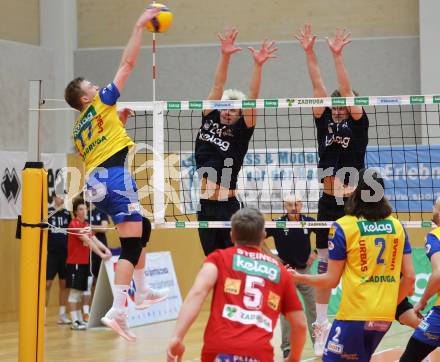 Volleyball. Powerfusion Volley League Men. SK Zadruga Aich/Dob gegen VBK Woerther-See-Loewen Klagenfurt.   Aleksander Grzegorczyk,, (Aich/Dob),  Moritz Nedetzky, David Marius Petschnig   (Worthersee Loewen). Bleiburg, am 27.1.2024.
Foto: Kuess
www.qspictures.net
---
pressefotos, pressefotografie, kuess, qs, qspictures, sport, bild, bilder, bilddatenbank