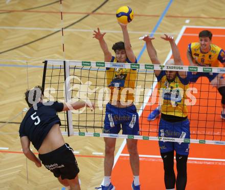 Volleyball. Powerfusion Volley League Men. SK Zadruga Aich/Dob gegen VBK Woerther-See-Loewen Klagenfurt.  Elia Stosch, Alpar Szabo,  (Aich/Dob),  Ben Stockhammer   (Worthersee Loewen). Bleiburg, am 27.1.2024.
Foto: Kuess
www.qspictures.net
---
pressefotos, pressefotografie, kuess, qs, qspictures, sport, bild, bilder, bilddatenbank