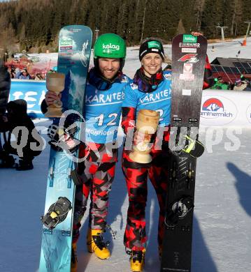 Snowboard Weltcup.   Jubel Fabian Obmann, Sabine Schoeffmann (AUT). Simonhoehe, am 27.1.2024.
Foto: Kuess
www.qspictures.net
---
pressefotos, pressefotografie, kuess, qs, qspictures, sport, bild, bilder, bilddatenbank