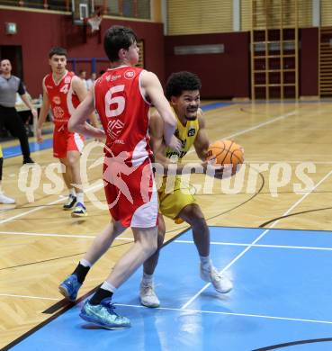 Basketball 2. Liga 2023/2024. Grunddurchgang 15. Runde.  Woerthersee Piraten gegen Upper Austrian Ballers.  Marcus Holyfield  (Piraten),  Luis Streitberger,  (Upper Austrian Ballers).   Klagenfurt, am 28.1.2024
Foto: Kuess

---
pressefotos, pressefotografie, kuess, qs, qspictures, sport, bild, bilder, bilddatenbank