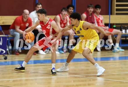 Basketball 2. Liga 2023/2024. Grunddurchgang 15. Runde.  Woerthersee Piraten gegen Upper Austrian Ballers. Marcus Holyfield   (Piraten),   Vuk Zivanovic (Upper Austrian Ballers).   Klagenfurt, am 28.1.2024
Foto: Kuess

---
pressefotos, pressefotografie, kuess, qs, qspictures, sport, bild, bilder, bilddatenbank