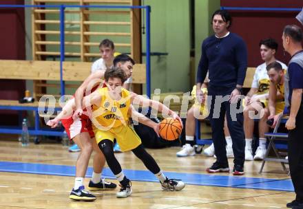 Basketball 2. Liga 2023/2024. Grunddurchgang 15. Runde.  Woerthersee Piraten gegen Upper Austrian Ballers.  Emilio Rozmann  (Piraten),   Vuk Zivanovic (Upper Austrian Ballers).   Klagenfurt, am 28.1.2024
Foto: Kuess

---
pressefotos, pressefotografie, kuess, qs, qspictures, sport, bild, bilder, bilddatenbank