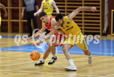 Basketball 2. Liga 2023/2024. Grunddurchgang 15. Runde.  Woerthersee Piraten gegen Upper Austrian Ballers.  Marin Sliskovic  (Piraten),  Vuk Zivanovic  (Upper Austrian Ballers).   Klagenfurt, am 28.1.2024
Foto: Kuess

---
pressefotos, pressefotografie, kuess, qs, qspictures, sport, bild, bilder, bilddatenbank