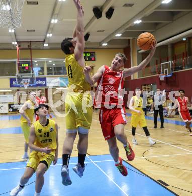 Basketball 2. Liga 2023/2024. Grunddurchgang 15. Runde.  Woerthersee Piraten gegen Upper Austrian Ballers.  Andreas Nuck  (Piraten),  Valentin Pils  (Upper Austrian Ballers).   Klagenfurt, am 28.1.2024
Foto: Kuess

---
pressefotos, pressefotografie, kuess, qs, qspictures, sport, bild, bilder, bilddatenbank