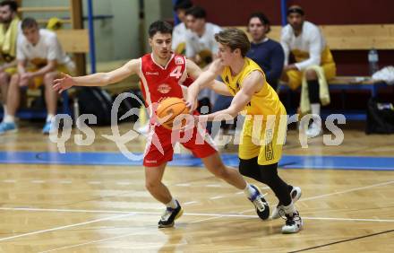 Basketball 2. Liga 2023/2024. Grunddurchgang 15. Runde.  Woerthersee Piraten gegen Upper Austrian Ballers.  Emilio Rozmann  (Piraten),   Vuk Zivanovic (Upper Austrian Ballers).   Klagenfurt, am 28.1.2024
Foto: Kuess

---
pressefotos, pressefotografie, kuess, qs, qspictures, sport, bild, bilder, bilddatenbank