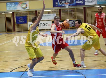 Basketball 2. Liga 2023/2024. Grunddurchgang 15. Runde.  Woerthersee Piraten gegen Upper Austrian Ballers.  Daniel Filipovic, Jan-Arne Apschner  (Piraten),   Valentin Pils (Upper Austrian Ballers).   Klagenfurt, am 28.1.2024
Foto: Kuess

---
pressefotos, pressefotografie, kuess, qs, qspictures, sport, bild, bilder, bilddatenbank