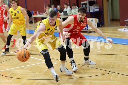 Basketball 2. Liga 2023/2024. Grunddurchgang 15. Runde.  Woerthersee Piraten gegen Upper Austrian Ballers.  Jernej Andolsek Heine  (Piraten),  Petar Nemcec  (Upper Austrian Ballers).   Klagenfurt, am 28.1.2024
Foto: Kuess

---
pressefotos, pressefotografie, kuess, qs, qspictures, sport, bild, bilder, bilddatenbank