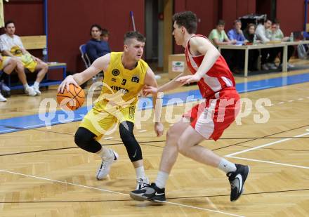 Basketball 2. Liga 2023/2024. Grunddurchgang 15. Runde.  Woerthersee Piraten gegen Upper Austrian Ballers.  Jernej Andolsek Heine  (Piraten),   Simon Hintenaus (Upper Austrian Ballers).   Klagenfurt, am 28.1.2024
Foto: Kuess

---
pressefotos, pressefotografie, kuess, qs, qspictures, sport, bild, bilder, bilddatenbank