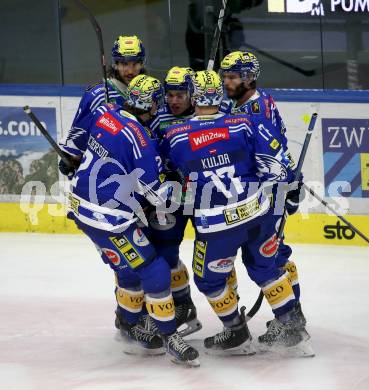 EBEL. Eishockey Bundesliga. EC VSV gegen HK SZ Olimpija Ljubljana.  Torjubel Benjamin Lanzinger, Alexander Rauchenwald, Arturs Kulda, Maximilian Rebernig, Dylan Macpheerson  (VSV). Villach, am 2.2.2024.
Foto: Kuess
www.qspictures.net
---
pressefotos, pressefotografie, kuess, qs, qspictures, sport, bild, bilder, bilddatenbank