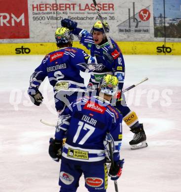 EBEL. Eishockey Bundesliga. EC VSV gegen HK SZ Olimpija Ljubljana.   Torjubel Benjamin Lanzinger, Alexander Rauchenwald, Arturs Kulda (VSV). Villach, am 2.2.2024.
Foto: Kuess
www.qspictures.net
---
pressefotos, pressefotografie, kuess, qs, qspictures, sport, bild, bilder, bilddatenbank