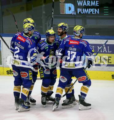 EBEL. Eishockey Bundesliga. EC VSV gegen HK SZ Olimpija Ljubljana.  Torjubel Benjamin Lanzinger, Alexander Rauchenwald, Arturs Kulda, Maximilian Rebernig, Dylan Macpheerson  (VSV). Villach, am 2.2.2024.
Foto: Kuess
www.qspictures.net
---
pressefotos, pressefotografie, kuess, qs, qspictures, sport, bild, bilder, bilddatenbank