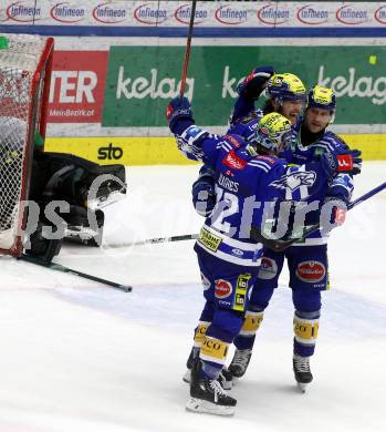 EBEL. Eishockey Bundesliga. EC VSV gegen HK SZ Olimpija Ljubljana.  Torjubel Maximilian Rebernig, John Hughes, Andrew Desjardins  (VSV). Villach, am 2.2.2024.
Foto: Kuess
www.qspictures.net
---
pressefotos, pressefotografie, kuess, qs, qspictures, sport, bild, bilder, bilddatenbank