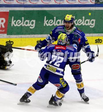 EBEL. Eishockey Bundesliga. EC VSV gegen HK SZ Olimpija Ljubljana.  Torjubel Maximilian Rebernig, John Hughes  (VSV). Villach, am 2.2.2024.
Foto: Kuess
www.qspictures.net
---
pressefotos, pressefotografie, kuess, qs, qspictures, sport, bild, bilder, bilddatenbank