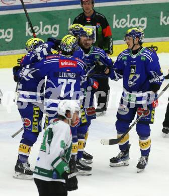 EBEL. Eishockey Bundesliga. EC VSV gegen HK SZ Olimpija Ljubljana.  Torjubel Maximilian Rebernig, John Hughes, Andrew Desjardins, Philipp Lindner, Dylan Macpherson  (VSV). Villach, am 2.2.2024.
Foto: Kuess
www.qspictures.net
---
pressefotos, pressefotografie, kuess, qs, qspictures, sport, bild, bilder, bilddatenbank