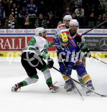 EBEL. Eishockey Bundesliga. EC VSV gegen HK SZ Olimpija Ljubljana.  Kevin Hancock,   (VSV),   Miha Zajc (Olimpija Ljubljana). Villach, am 2.2.2024.
Foto: Kuess
www.qspictures.net
---
pressefotos, pressefotografie, kuess, qs, qspictures, sport, bild, bilder, bilddatenbank