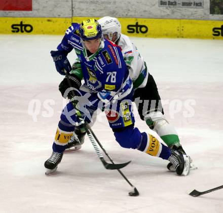 EBEL. Eishockey Bundesliga. EC VSV gegen HK SZ Olimpija Ljubljana.  Felix Maxa,   (VSV),  Charlie Dodero  (Olimpija Ljubljana). Villach, am 2.2.2024.
Foto: Kuess
www.qspictures.net
---
pressefotos, pressefotografie, kuess, qs, qspictures, sport, bild, bilder, bilddatenbank