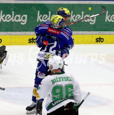 EBEL. Eishockey Bundesliga. EC VSV gegen HK SZ Olimpija Ljubljana.  Torjubel Maximilian Rebernig, John Hughes  (VSV). Villach, am 2.2.2024.
Foto: Kuess
www.qspictures.net
---
pressefotos, pressefotografie, kuess, qs, qspictures, sport, bild, bilder, bilddatenbank