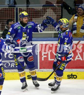 EBEL. Eishockey Bundesliga. EC VSV gegen HK SZ Olimpija Ljubljana.  Torjubel Andrew Desjardins,  John Hughes  (VSV). Villach, am 2.2.2024.
Foto: Kuess
www.qspictures.net
---
pressefotos, pressefotografie, kuess, qs, qspictures, sport, bild, bilder, bilddatenbank