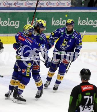 EBEL. Eishockey Bundesliga. EC VSV gegen HK SZ Olimpija Ljubljana. Torjubel Maximilian Rebernig, John Hughes, Andrew Desjardins   (VSV). Villach, am 2.2.2024.
Foto: Kuess
www.qspictures.net
---
pressefotos, pressefotografie, kuess, qs, qspictures, sport, bild, bilder, bilddatenbank