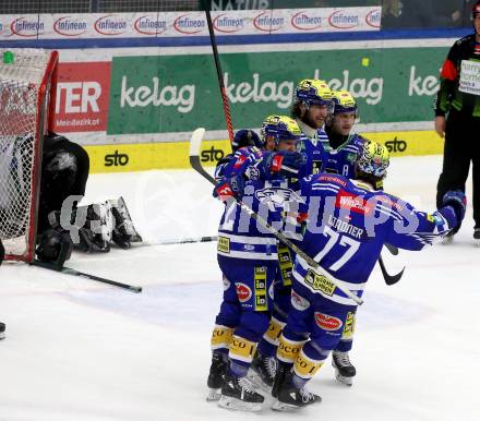 EBEL. Eishockey Bundesliga. EC VSV gegen HK SZ Olimpija Ljubljana.   Torjubel Maximilian Rebernig, John Hughes, Andrew Desjardins, Philipp Lindner (VSV). Villach, am 2.2.2024.
Foto: Kuess
www.qspictures.net
---
pressefotos, pressefotografie, kuess, qs, qspictures, sport, bild, bilder, bilddatenbank