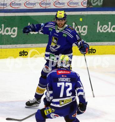 EBEL. Eishockey Bundesliga. EC VSV gegen HK SZ Olimpija Ljubljana.   Torjubel Maximilian Rebernig, John Hughes (VSV). Villach, am 2.2.2024.
Foto: Kuess
www.qspictures.net
---
pressefotos, pressefotografie, kuess, qs, qspictures, sport, bild, bilder, bilddatenbank