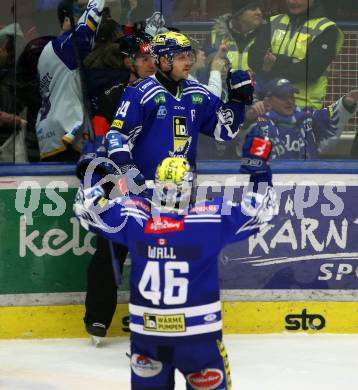 EBEL. Eishockey Bundesliga. EC VSV gegen HK SZ Olimpija Ljubljana.  Torjubel Andrew Desjardins, Alex Wall  (VSV). Villach, am 2.2.2024.
Foto: Kuess
www.qspictures.net
---
pressefotos, pressefotografie, kuess, qs, qspictures, sport, bild, bilder, bilddatenbank