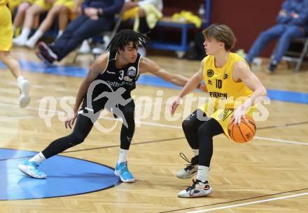 Basketball 2. Bundesliga. Woerthersee Piraten gegen Basket Flames. Emilio Rozmann (Piraten), Yann Grandperret (Basket Flames). Klagenfurt, am 4.2.2024.
Foto: Kuess
---
pressefotos, pressefotografie, kuess, qs, qspictures, sport, bild, bilder, bilddatenbank