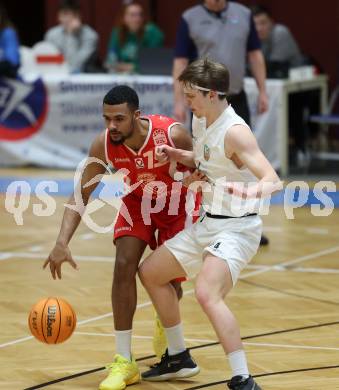 Basketball 2. Liga 2023/2024. Grunddurchgang 17. Runde.  KOS gegen Upper Austrian Ballers   Samuel Seher (KOS),   Starlin Inoa Gil (Austrian Ballers). Klagenfurt, am 10.2.2024.
Foto: Kuess

---
pressefotos, pressefotografie, kuess, qs, qspictures, sport, bild, bilder, bilddatenbank