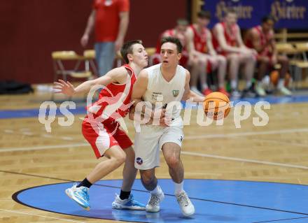 Basketball 2. Liga 2023/2024. Grunddurchgang 17. Runde.  KOS gegen Upper Austrian Ballers   Niklas Michel (KOS),  Hannes Mueller  (Austrian Ballers). Klagenfurt, am 10.2.2024.
Foto: Kuess

---
pressefotos, pressefotografie, kuess, qs, qspictures, sport, bild, bilder, bilddatenbank