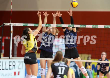 Volleyball. WVL. ATSC Wildcats Klagenfuert gegen Linz/Steg.  Nicole Leonie HOLZINGER  (Wildcats),  Emily ZINGER, Jamie STIVERS (Linz).  Klagenfurt, am 12.2.2024.
Foto: Kuess

---
pressefotos, pressefotografie, kuess, qs, qspictures, sport, bild, bilder, bilddatenbank