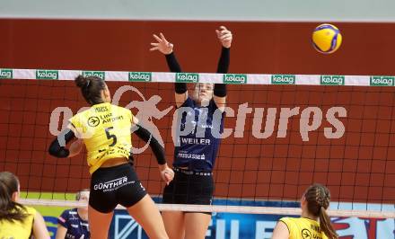 Volleyball. WVL. ATSC Wildcats Klagenfurt gegen Linz/Steg.   Nikolina BAJIC (Wildcats),  Sophie-Marie MAASS  (Linz).  Klagenfurt, am 12.2.2024.
Foto: Kuess

---
pressefotos, pressefotografie, kuess, qs, qspictures, sport, bild, bilder, bilddatenbank