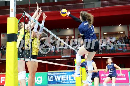 Volleyball. WVL. ATSC Wildcats Klagenfurt gegen Linz/Steg.  Zala KRASOVEC  (Wildcats),    Emily ZINGER, Bojana UBIPARIP (Linz).  Klagenfurt, am 12.2.2024.
Foto: Kuess

---
pressefotos, pressefotografie, kuess, qs, qspictures, sport, bild, bilder, bilddatenbank