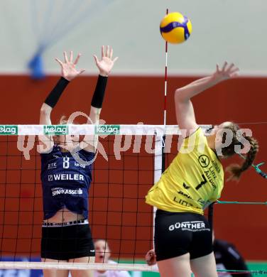 Volleyball. WVL. ATSC Wildcats Klagenfurt gegen Linz/Steg.  Katharina HOLZER  (Wildcats),    Emily ZINGER (Linz).  Klagenfurt, am 12.2.2024.
Foto: Kuess

---
pressefotos, pressefotografie, kuess, qs, qspictures, sport, bild, bilder, bilddatenbank