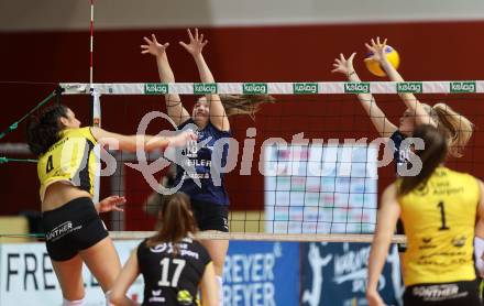 Volleyball. WVL. ATSC Wildcats Klagenfuert gegen Linz/Steg.   Nicole Leonie HOLZINGER, Lana HUSANOVIC  (Wildcats), Jamie STIVERS   (Linz).  Klagenfurt, am 12.2.2024.
Foto: Kuess

---
pressefotos, pressefotografie, kuess, qs, qspictures, sport, bild, bilder, bilddatenbank