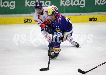 EBEL. Eishockey Bundesliga. EC VSV gegen HC TIWAG Innsbruck.  Maxime Golod,  (VSV), Dario Winkler   (Innsbruck). Villach, am 21.2.2024.
Foto: Kuess
www.qspictures.net
---
pressefotos, pressefotografie, kuess, qs, qspictures, sport, bild, bilder, bilddatenbank