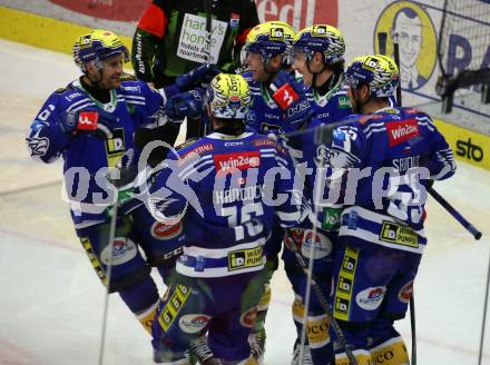 EBEL. Eishockey Bundesliga. EC VSV gegen HC TIWAG Innsbruck.  Torjubel Alex Wall, John Hughes, Dylan Macpherson, Robert Sabolic, Kevin Hancock (VSV). Villach, am 21.2.2024.
Foto: Kuess
www.qspictures.net
---
pressefotos, pressefotografie, kuess, qs, qspictures, sport, bild, bilder, bilddatenbank