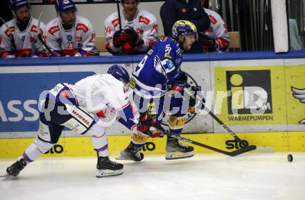 EBEL. Eishockey Bundesliga. EC VSV gegen HC TIWAG Innsbruck.  Tyler Ryan Steenbergen,  (VSV),  Corey Mackin  (Innsbruck). Villach, am 21.2.2024.
Foto: Kuess
www.qspictures.net
---
pressefotos, pressefotografie, kuess, qs, qspictures, sport, bild, bilder, bilddatenbank