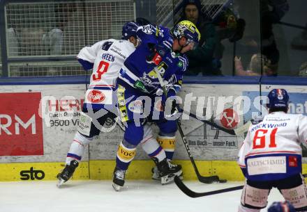 EBEL. Eishockey Bundesliga. EC VSV gegen HC TIWAG Innsbruck. Ethan Cap,  (VSV), Gordon Green    (Innsbruck). Villach, am 21.2.2024.
Foto: Kuess
www.qspictures.net
---
pressefotos, pressefotografie, kuess, qs, qspictures, sport, bild, bilder, bilddatenbank