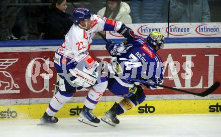 EBEL. Eishockey Bundesliga. EC VSV gegen HC TIWAG Innsbruck. Maxime Golod,  (VSV), Kevin Roy    (Innsbruck). Villach, am 21.2.2024.
Foto: Kuess
www.qspictures.net
---
pressefotos, pressefotografie, kuess, qs, qspictures, sport, bild, bilder, bilddatenbank