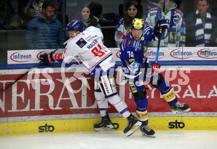 EBEL. Eishockey Bundesliga. EC VSV gegen HC TIWAG Innsbruck.  Maxime Golod, (VSV), Corey Mackin    (Innsbruck). Villach, am 21.2.2024.
Foto: Kuess
www.qspictures.net
---
pressefotos, pressefotografie, kuess, qs, qspictures, sport, bild, bilder, bilddatenbank