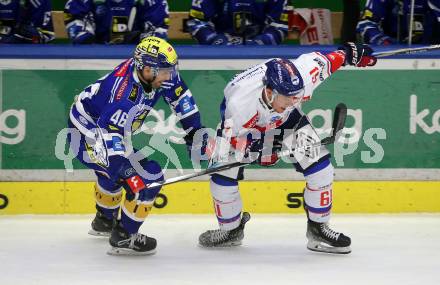 EBEL. Eishockey Bundesliga. EC VSV gegen HC TIWAG Innsbruck.  Alex Wall, (VSV), Adam Rockwood   (Innsbruck). Villach, am 21.2.2024.
Foto: Kuess
www.qspictures.net
---
pressefotos, pressefotografie, kuess, qs, qspictures, sport, bild, bilder, bilddatenbank